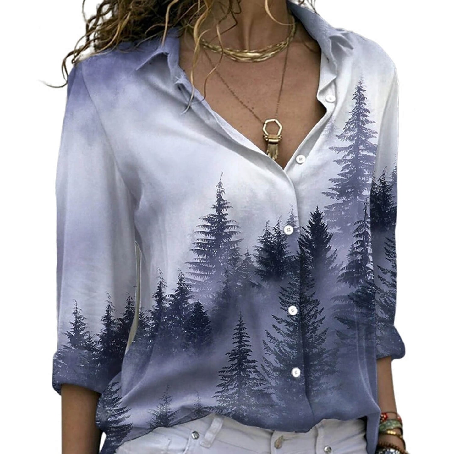 Women’s Long‑Sleeve Blouse with Printed Collar
