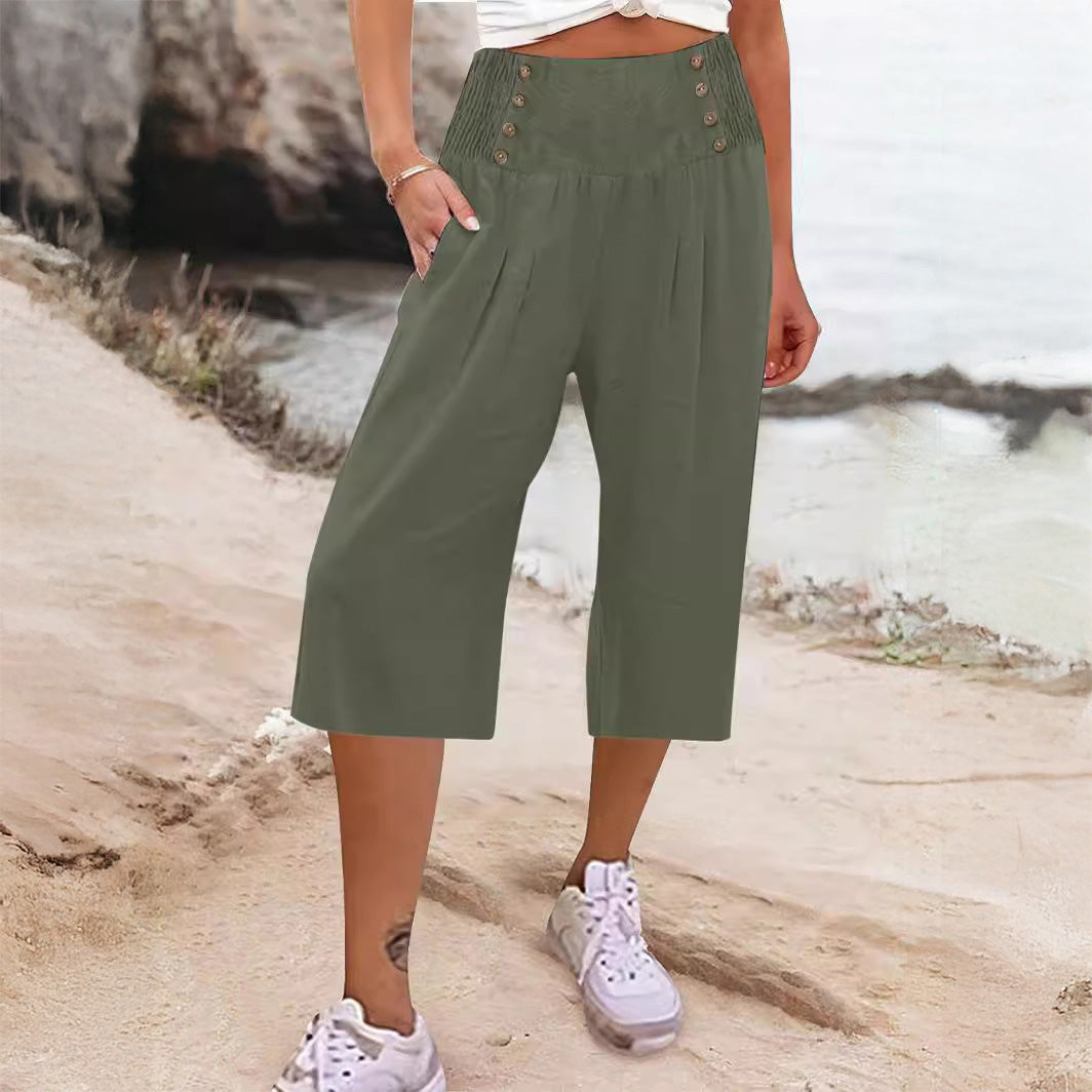 Casual Women's Button-Up Cotton Linen Short Cropped Trousers