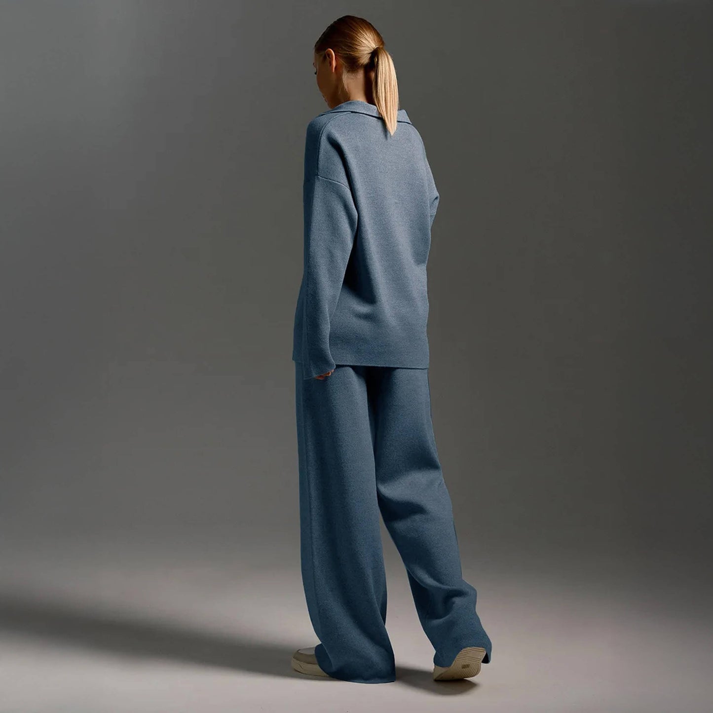 Sweater Set: Polo Neck Knitted Pullover + Wide-Leg Trousers