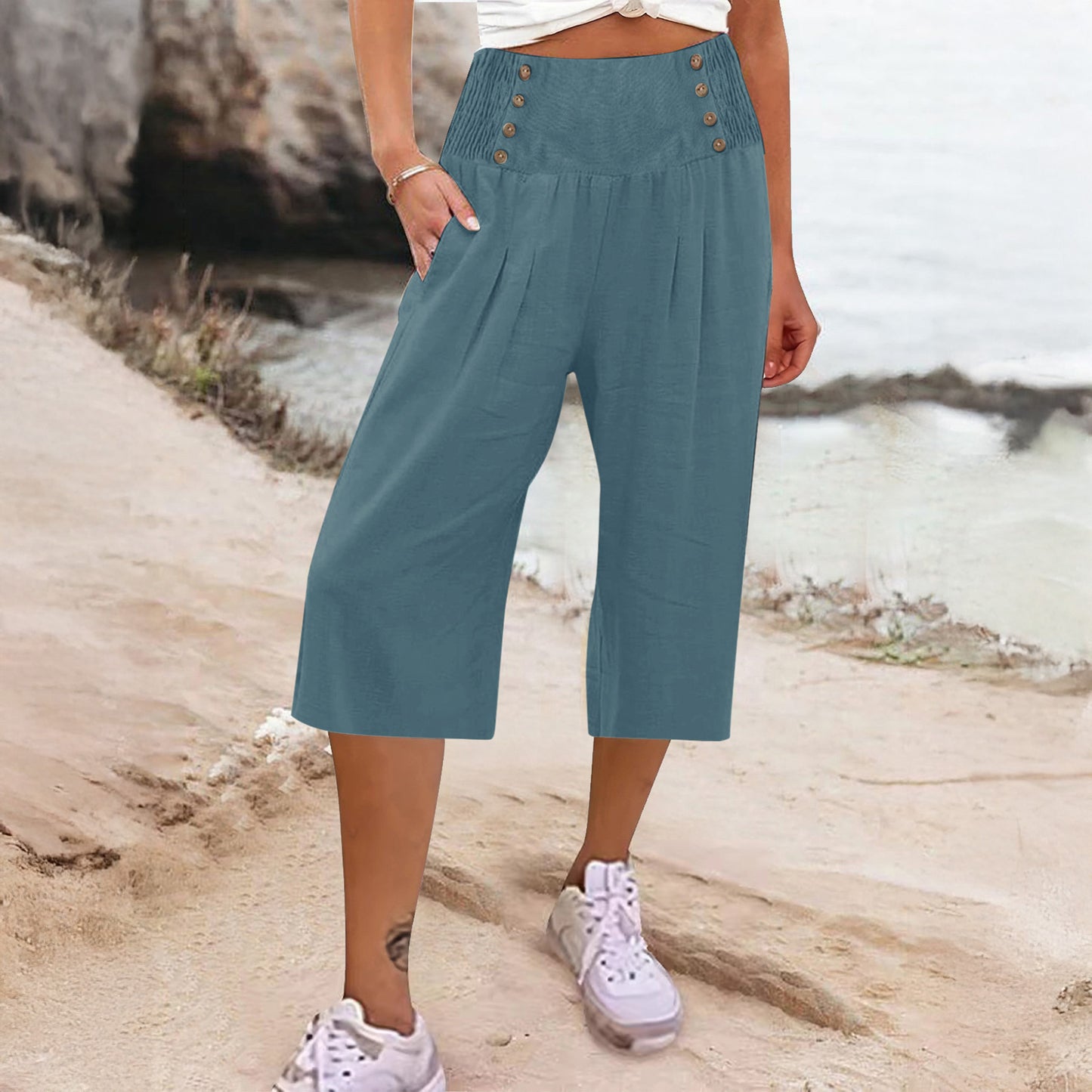 Casual Women's Button-Up Cotton Linen Short Cropped Trousers