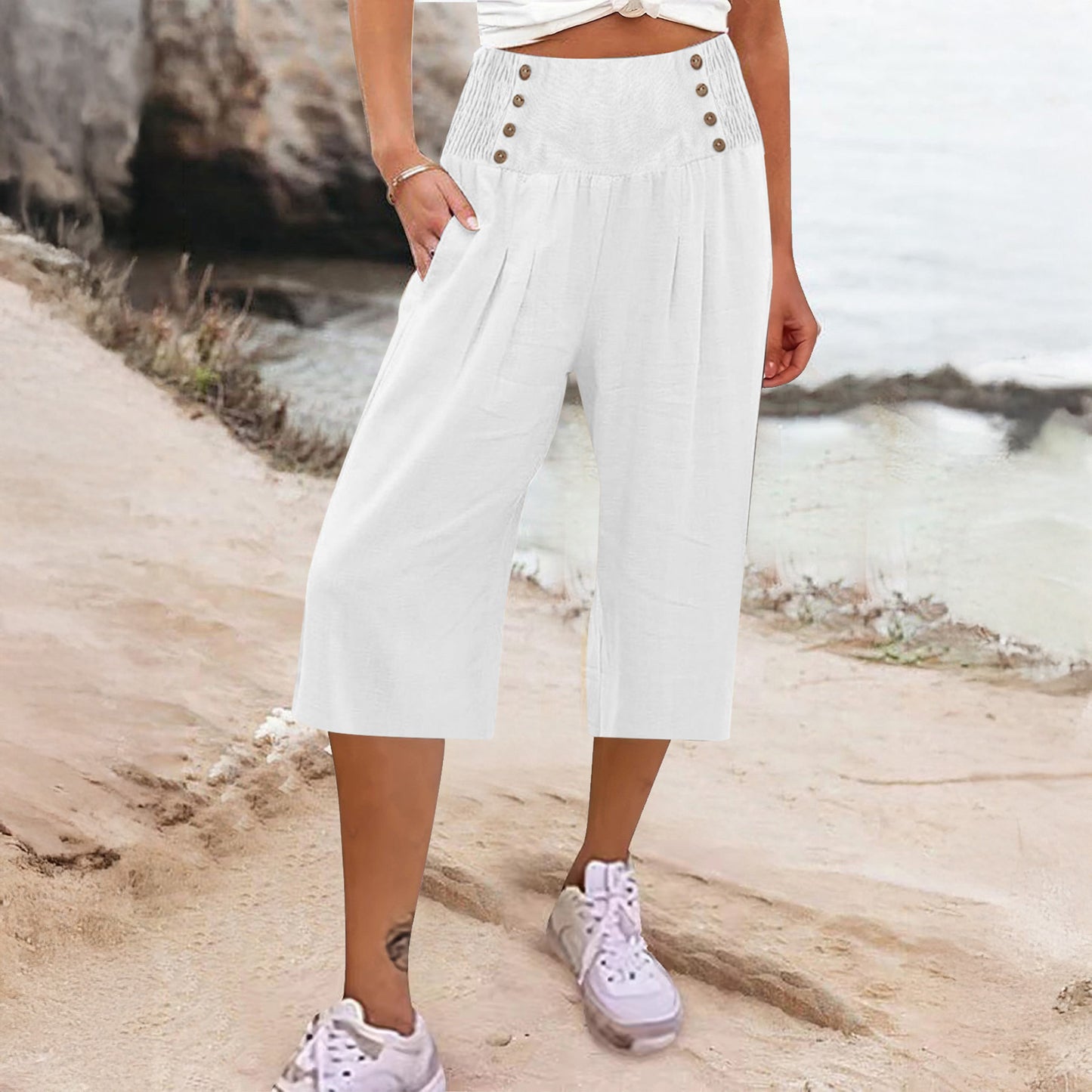Casual Women's Button-Up Cotton Linen Short Cropped Trousers