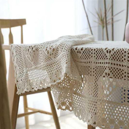Vintage-Style Cream Cotton Crochet Tablecloth with Openwork Detail