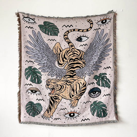 Boho Woven Throw for Sofa or Wall Hanging — Mystic Winged Tiger