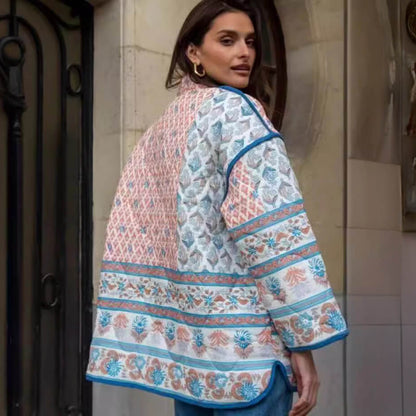 Stylish Printed Collar Two-Tone Casual Cotton Outerwear