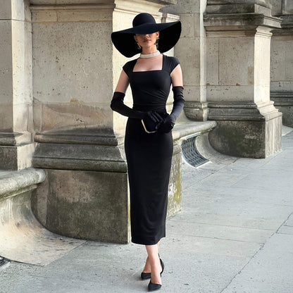 Elegant Black Square Neck Bodycon Dress with Gloves
