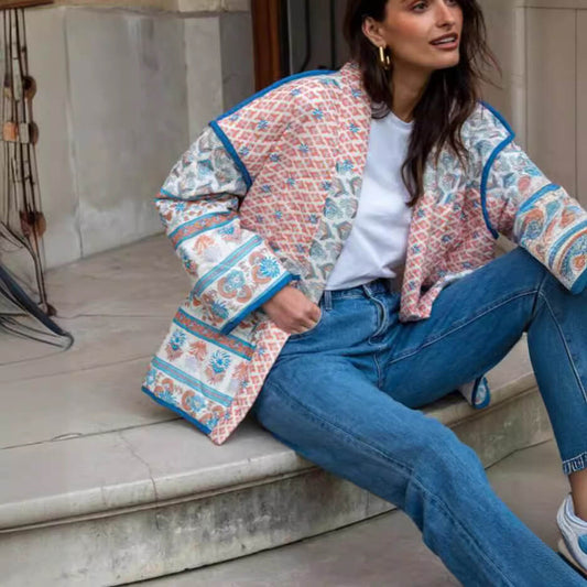 Stylish Printed Collar Two-Tone Casual Cotton Outerwear
