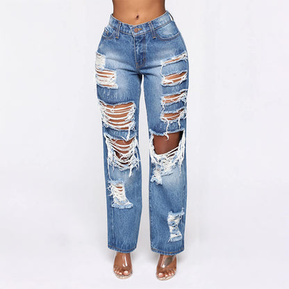 Torn Rigid Jeans Straight-cut Pants