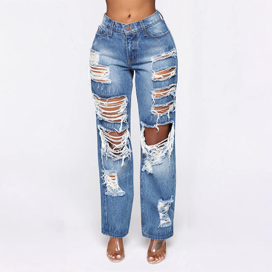Torn Rigid Jeans Straight-cut Pants