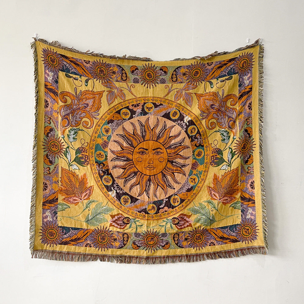 Boho Woven Throw for Sofa or Wall Hanging — Celestial Sun Face
