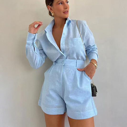 2-Piece Long Sleeve Shirt & Shorts with Pockets - Summer