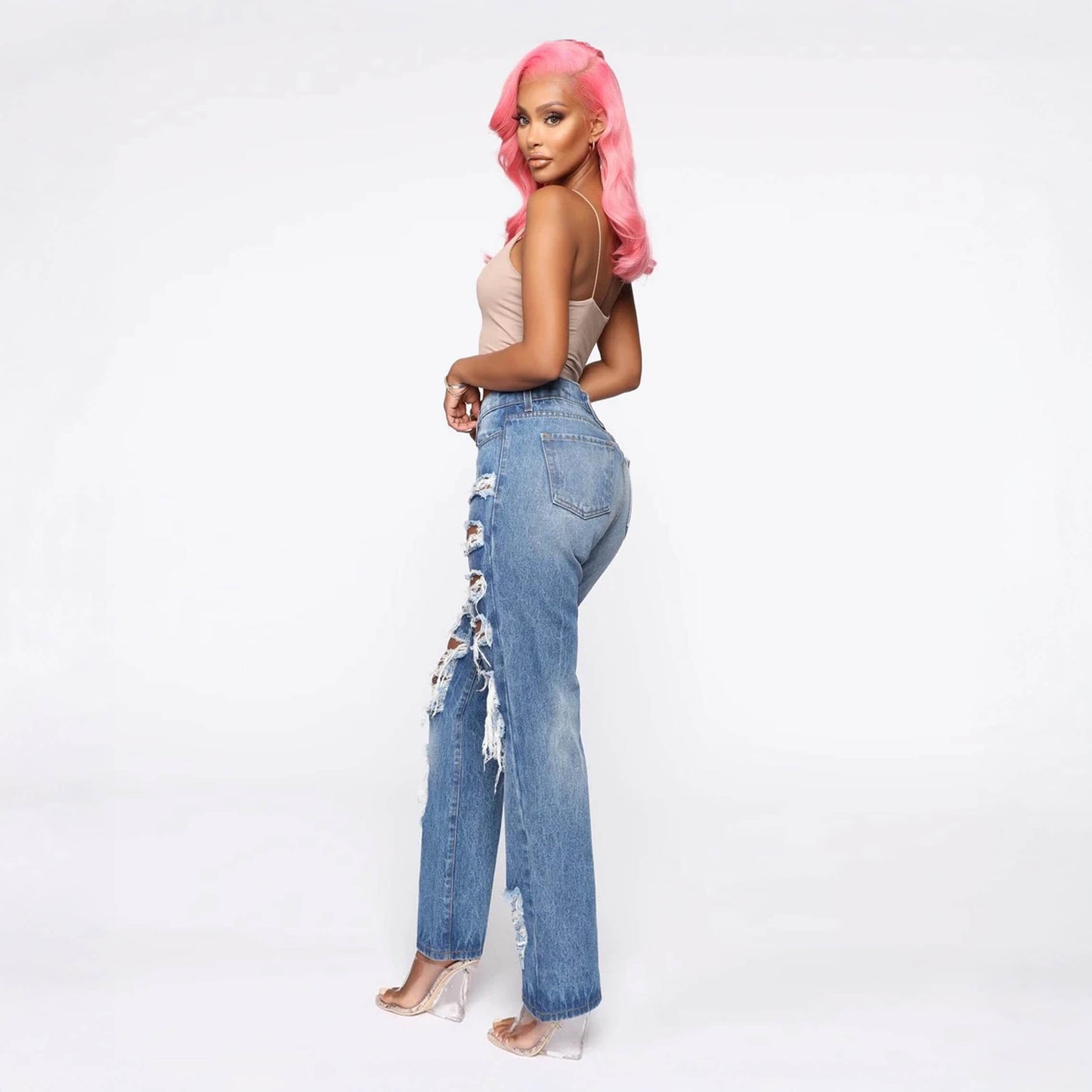 Torn Rigid Jeans Straight-cut Pants
