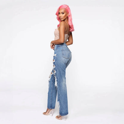 Torn Rigid Jeans Straight-cut Pants