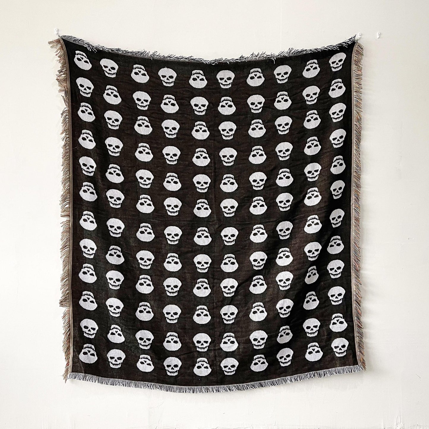 Boho Woven Throw for Sofa or Wall Hanging — Monochrome Gothic Skull