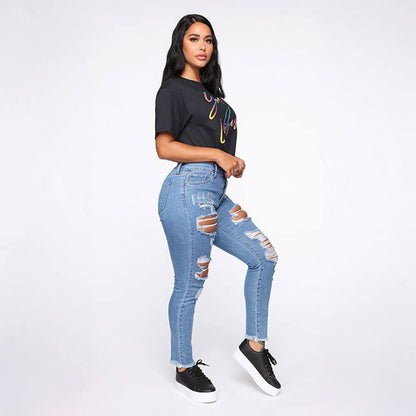 Torn Rigid Jeans Straight-cut Pants