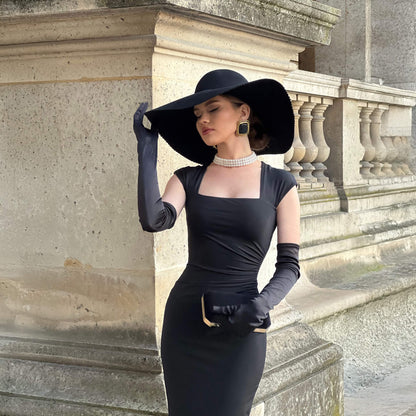 Elegant Black Square Neck Bodycon Dress with Gloves