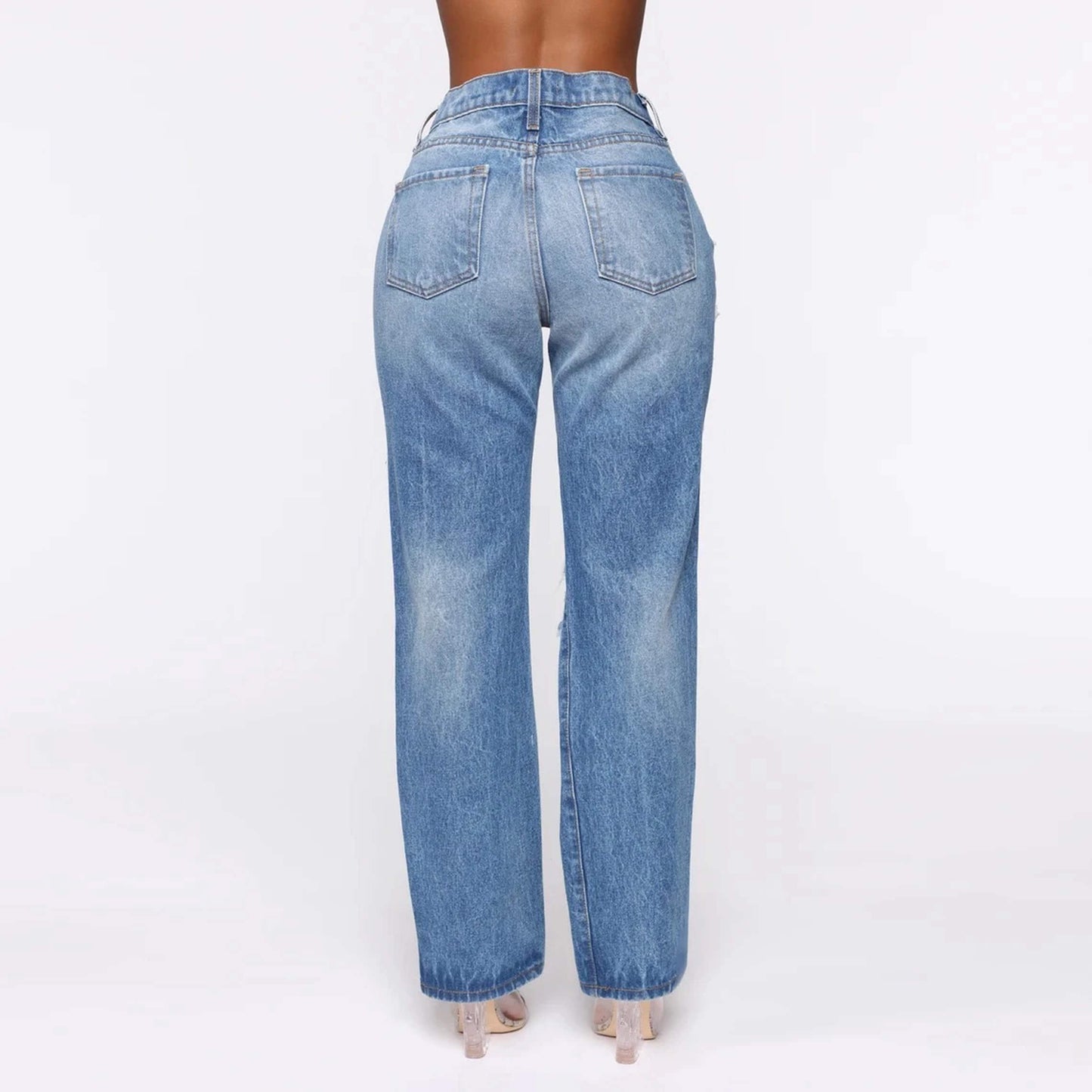 Torn Rigid Jeans Straight-cut Pants