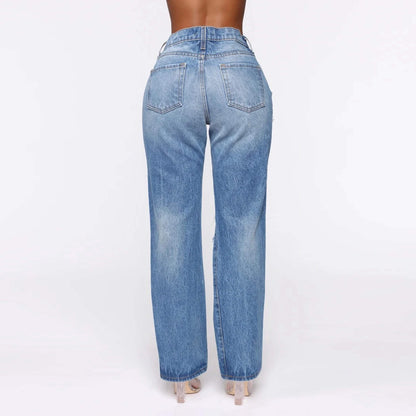 Torn Rigid Jeans Straight-cut Pants