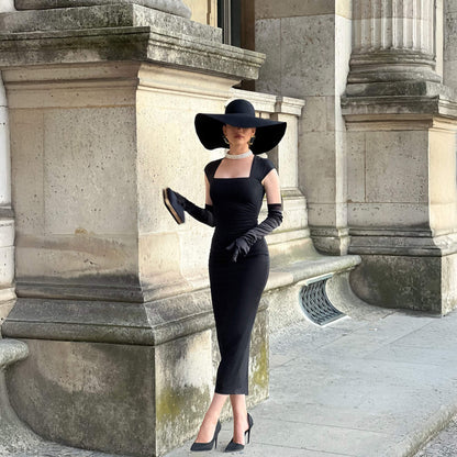 Elegant Black Square Neck Bodycon Dress with Gloves