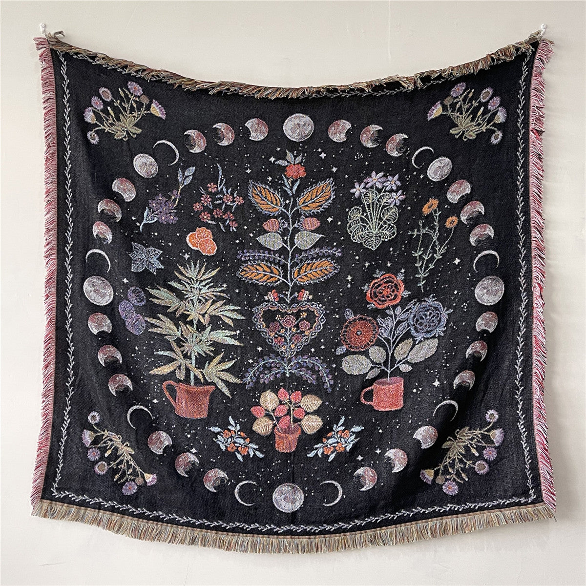 Boho Woven Throw for Sofa or Wall Hanging — Midnight Lunar Garden