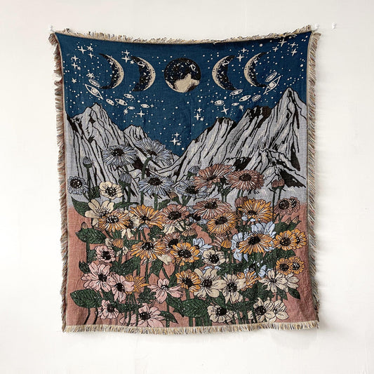 Boho Woven Throw for Sofa or Wall Hanging — Celestial Mountain Meadow