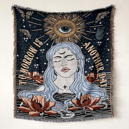 Boho Woven Throw for Sofa or Wall Hanging — Mystic Goddess Mantra