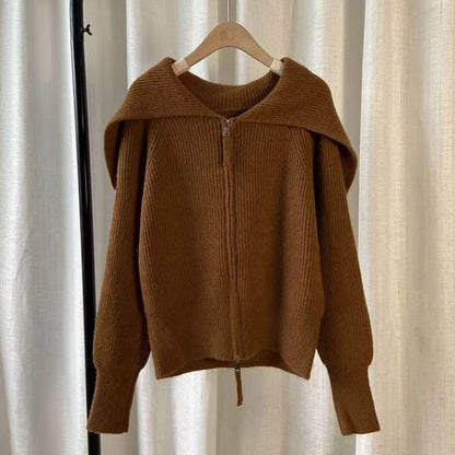 Dual‑Zip Knit Jacket with Oversized Collar