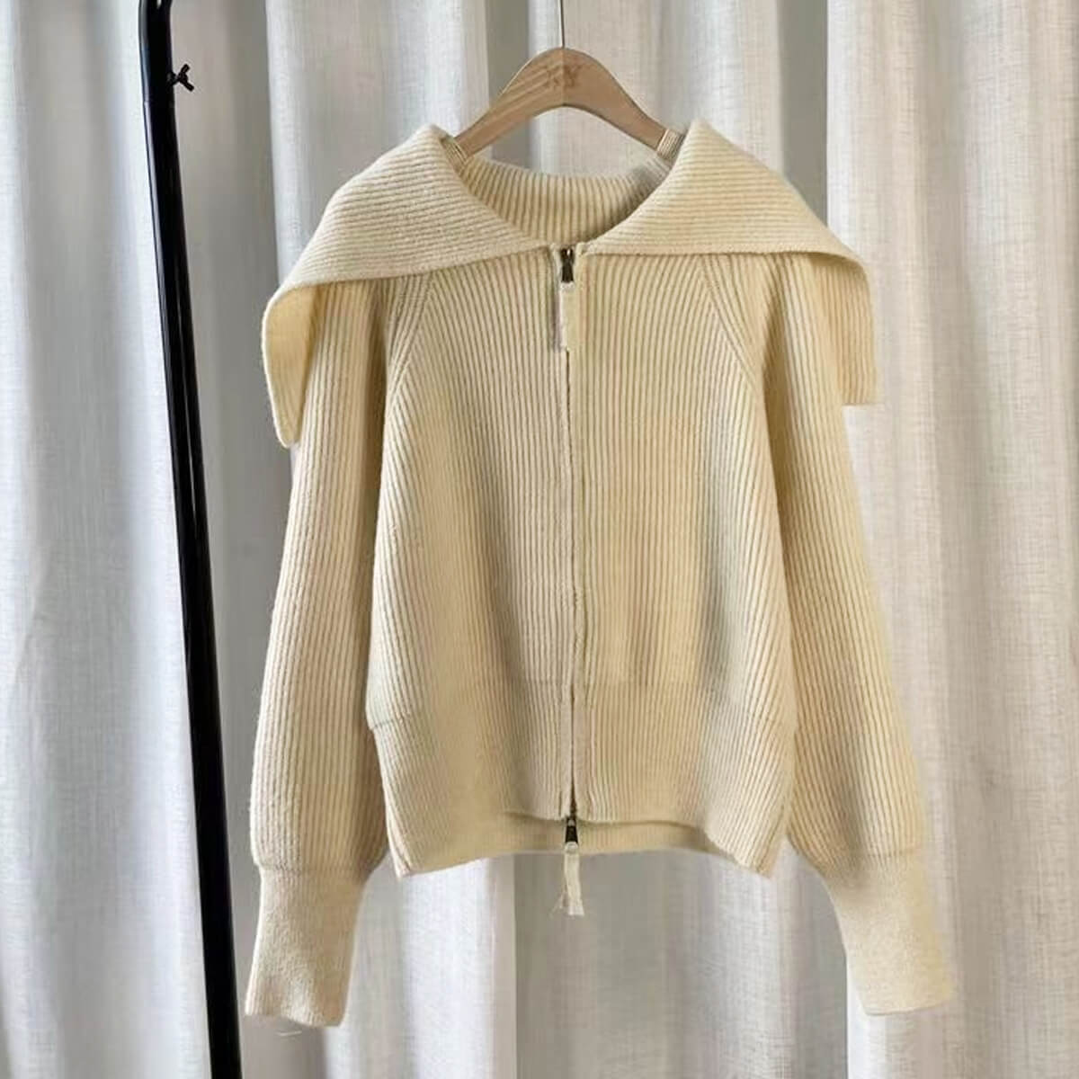 Dual‑Zip Knit Jacket with Oversized Collar