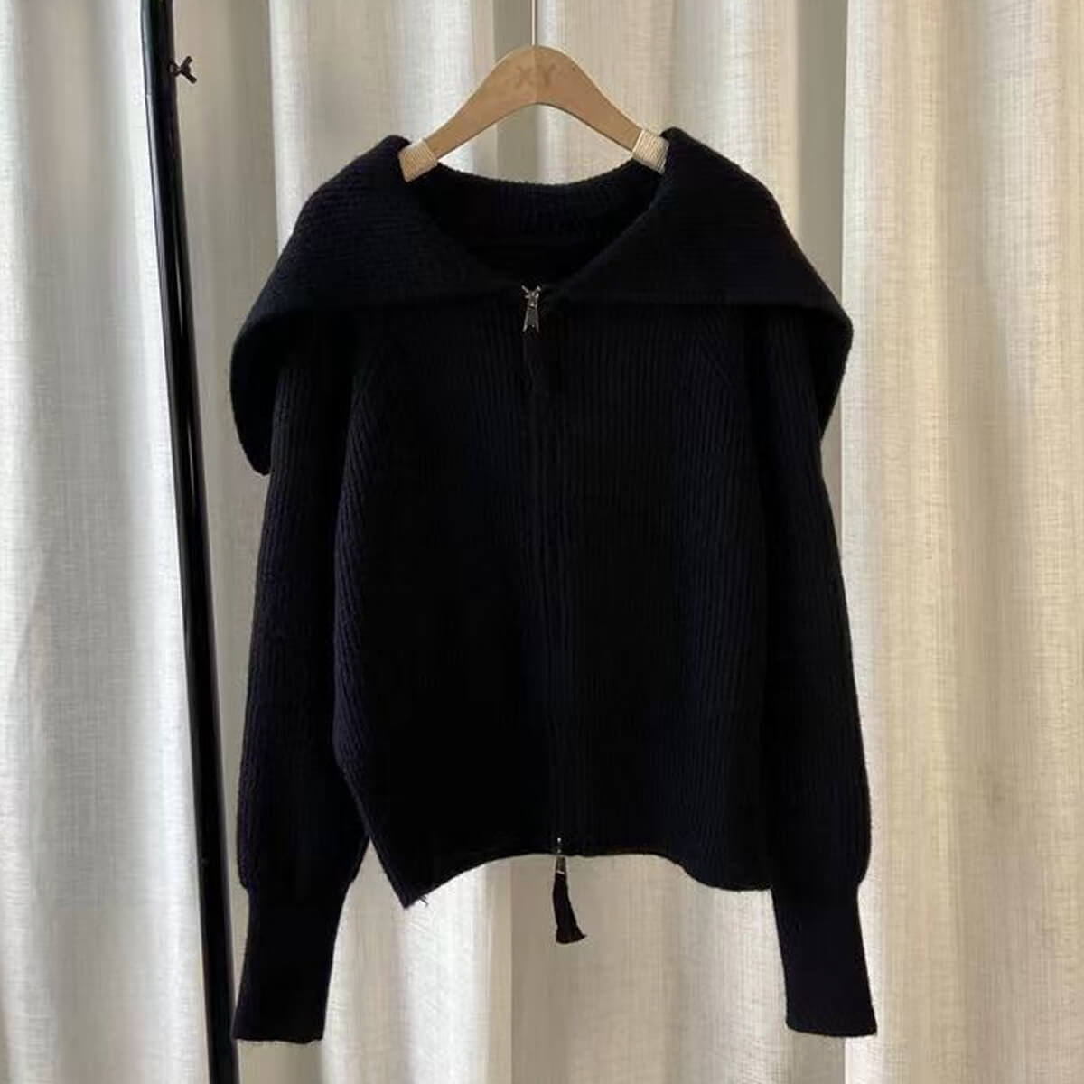 Dual‑Zip Knit Jacket with Oversized Collar