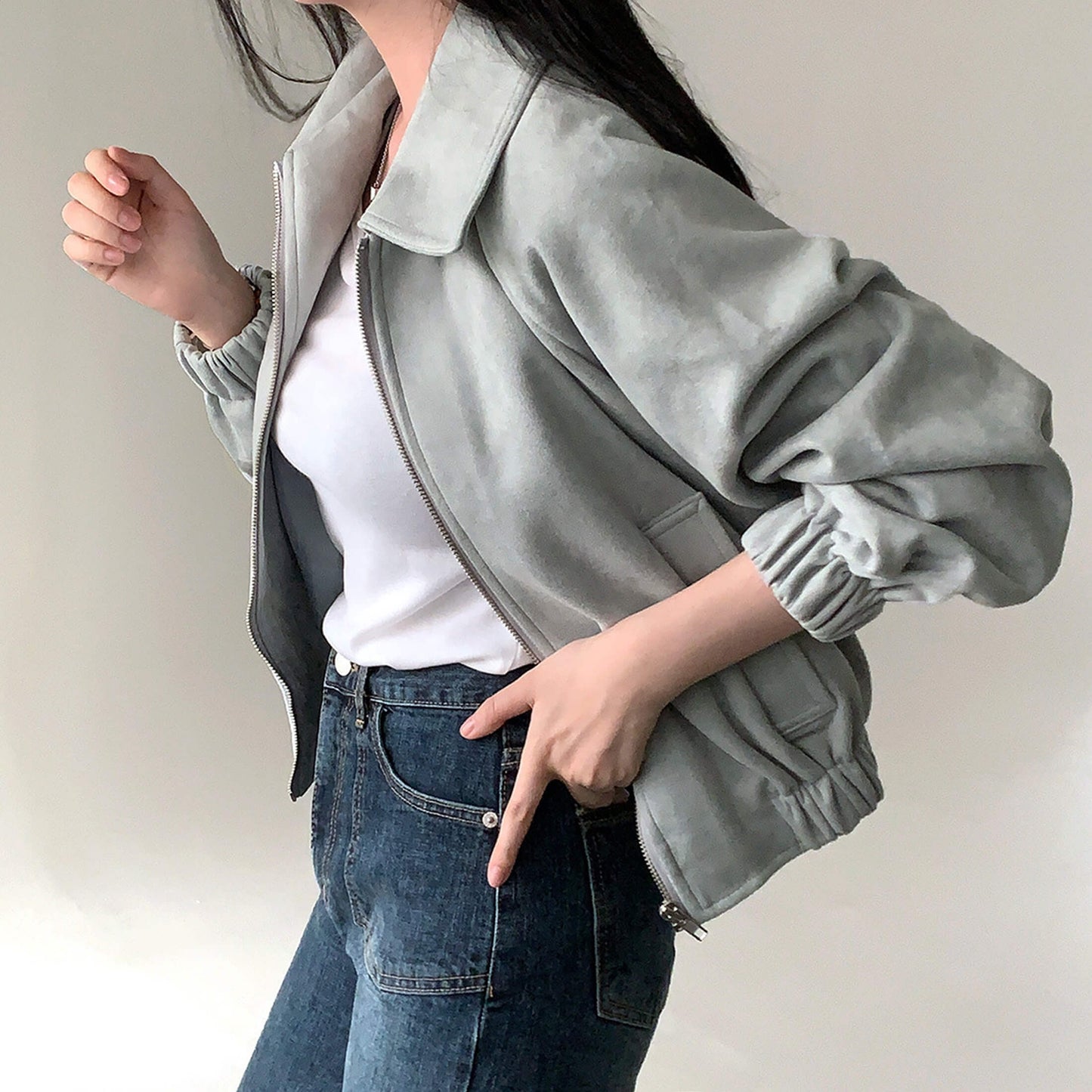 Vintage Collar Relaxed Zip Full Sleeve Mini Jacket