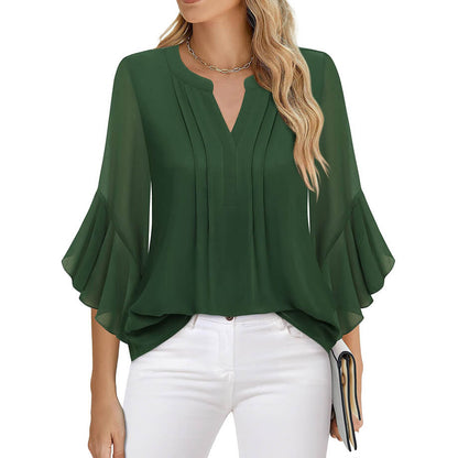 Lotus Leaf 34 Sleeve Top Solid Color Fashion (Cool colors)