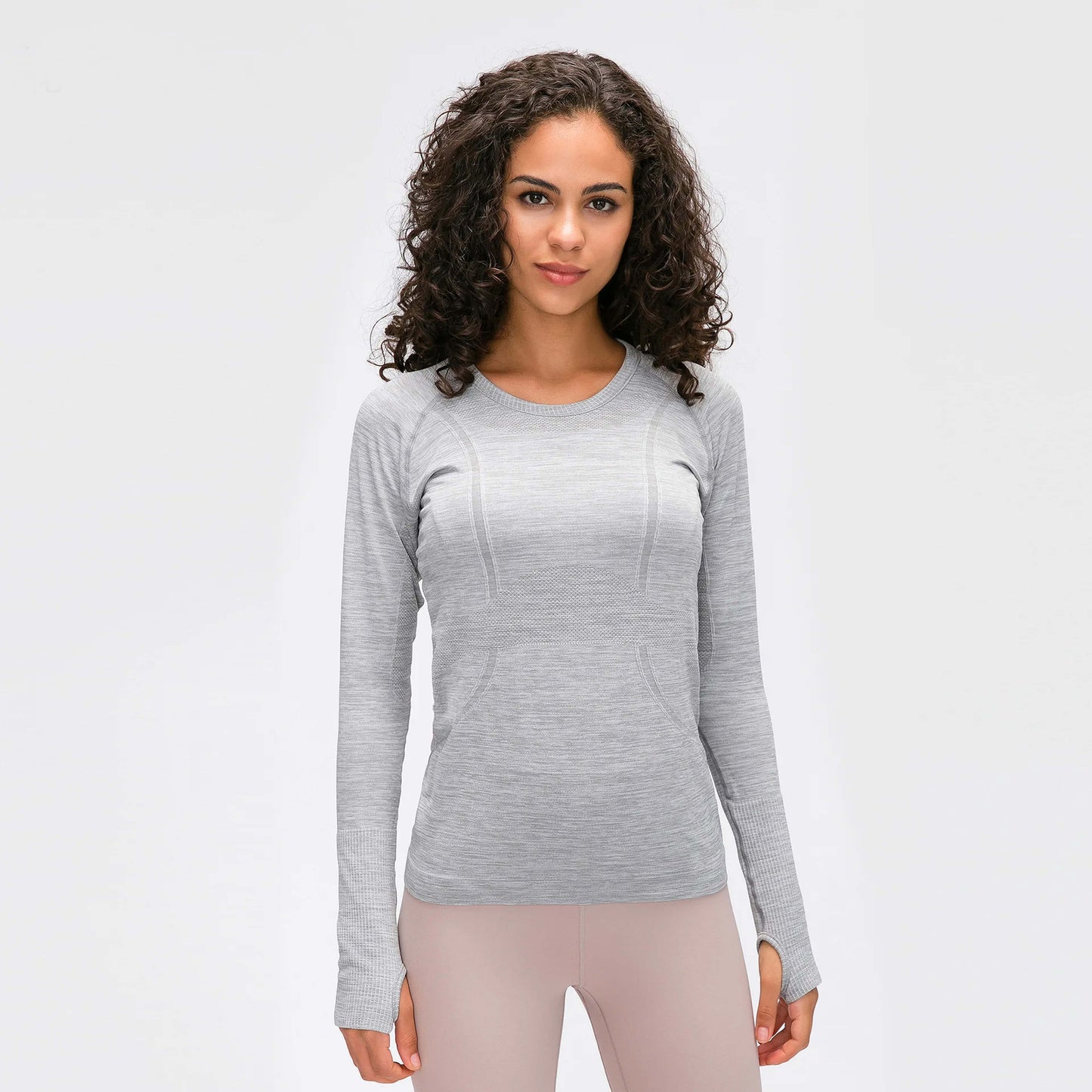 [Tops > Long sleeve] Ladies' Lightweight Flexible Tight-fit Workout Shirt (Grayscale)