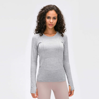 [Tops > Long sleeve] Ladies' Lightweight Flexible Tight-fit Workout Shirt (Grayscale)