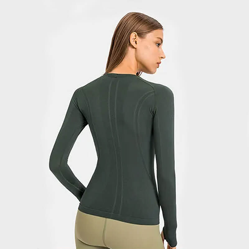 [Tops > Long sleeve] Ladies' Lightweight Flexible Tight-fit Workout Shirt (Green&Brown)