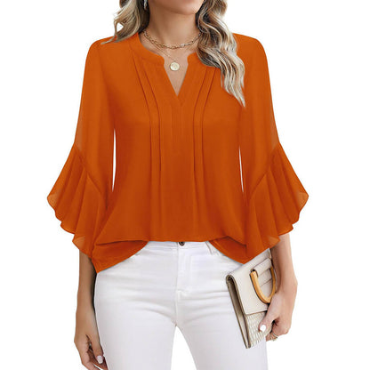 Lotus Leaf 34 Sleeve Top Solid Color Fashion (Warm colors)