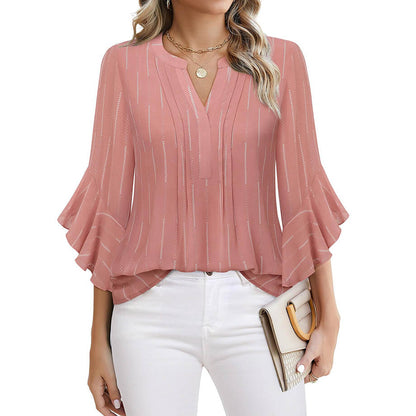 Lotus Leaf 34 Sleeve Top Solid Color Fashion (Warm colors)