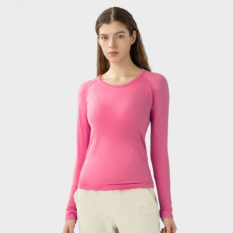[Tops > Long sleeve] Ladies' Lightweight Flexible Tight-fit Workout Shirt (Pink)