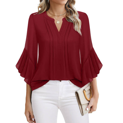 Lotus Leaf 34 Sleeve Top Solid Color Fashion (Warm colors)
