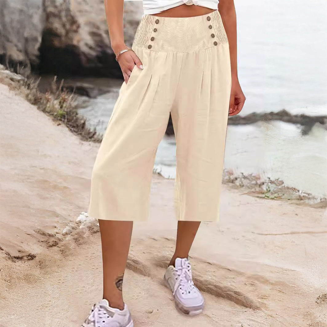 Casual Women's Button-Up Cotton Linen Short Cropped Trousers