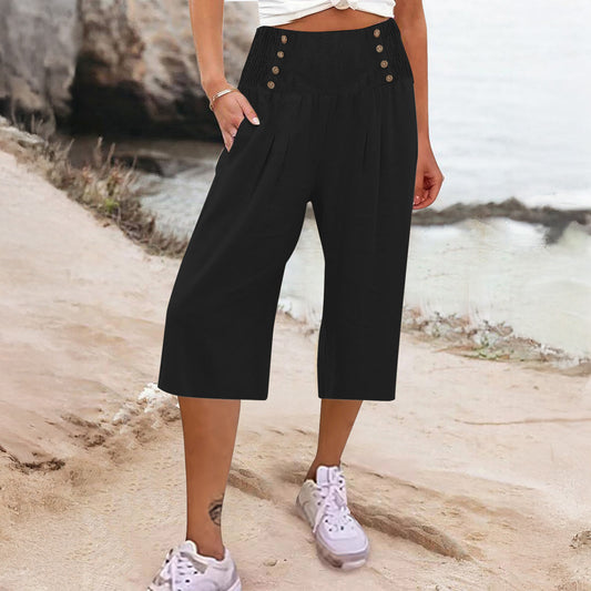 Casual Women's Button-Up Cotton Linen Short Cropped Trousers