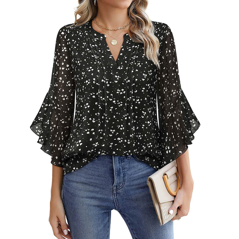 Lotus Leaf 34 Sleeve Top Solid Color Fashion (Bright & Black)