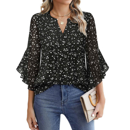 Lotus Leaf 34 Sleeve Top Solid Color Fashion (Bright & Black)
