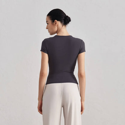 [Tops > T-shirt] Short sleeved waist slim-fit breathable yoga T-shirt (Grayscale)