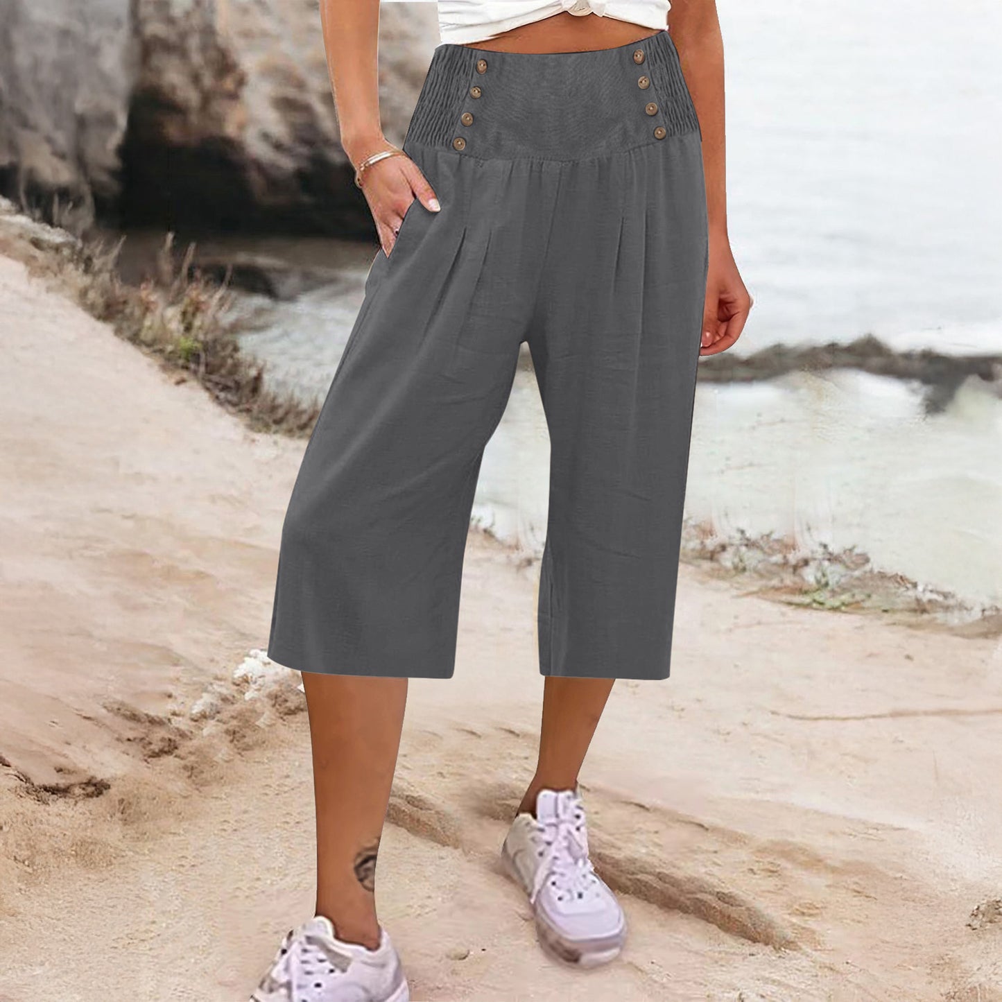 Casual Women's Button-Up Cotton Linen Short Cropped Trousers