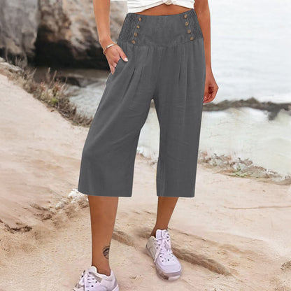 Casual Women's Button-Up Cotton Linen Short Cropped Trousers