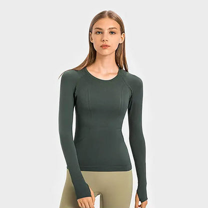 [Tops > Long sleeve] Ladies' Lightweight Flexible Tight-fit Workout Shirt (Green&Brown)