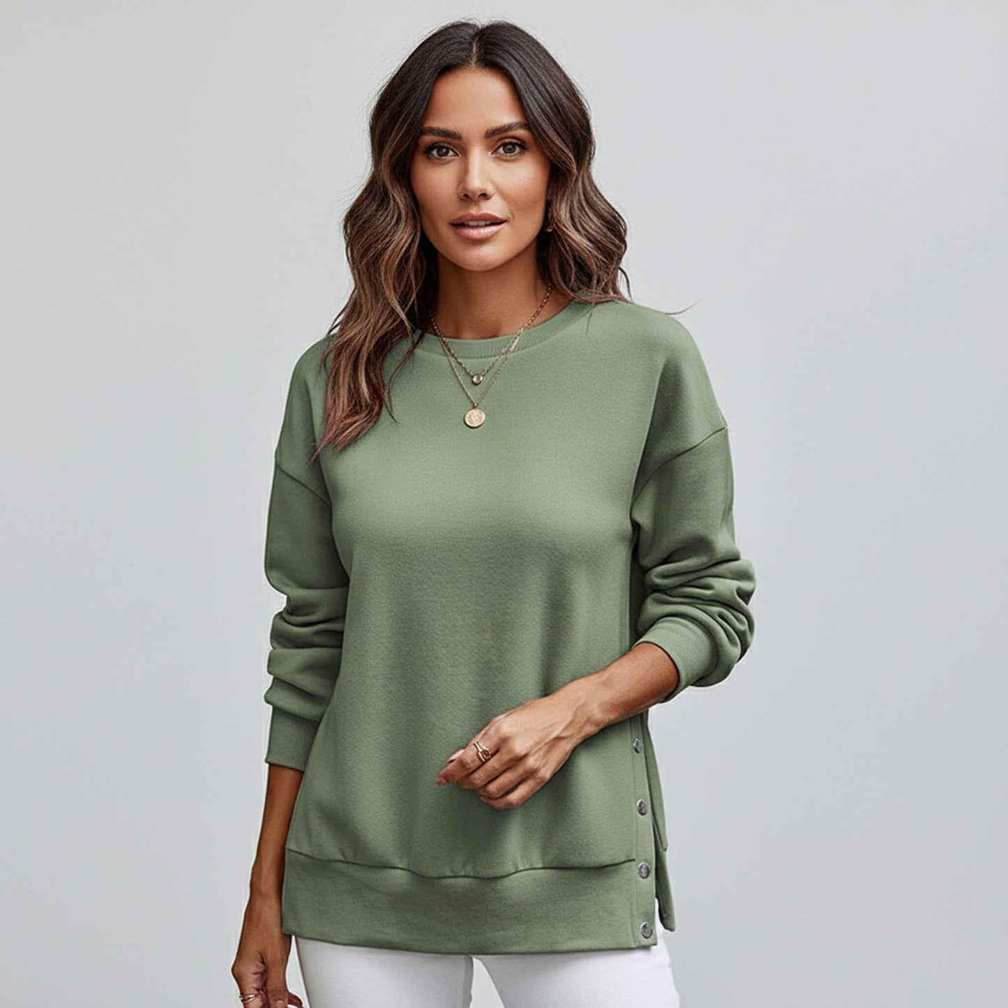 Women’s Casual Crew-Neck Side-Snap Jumper