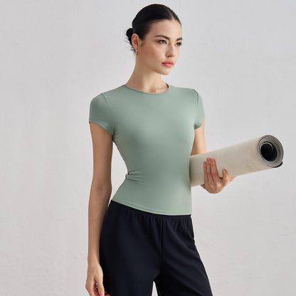 [Tops > T-shirt] Short sleeved waist slim-fit breathable yoga T-shirt (Colorful)