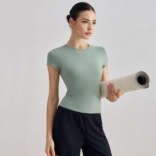 [Tops > T-shirt] Short sleeved waist slim-fit breathable yoga T-shirt (Colorful)