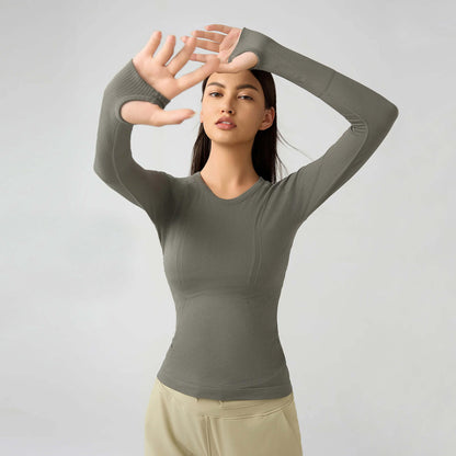 [Tops > Long sleeve] Ladies' Lightweight Flexible Tight-fit Workout Shirt (Green&Brown)