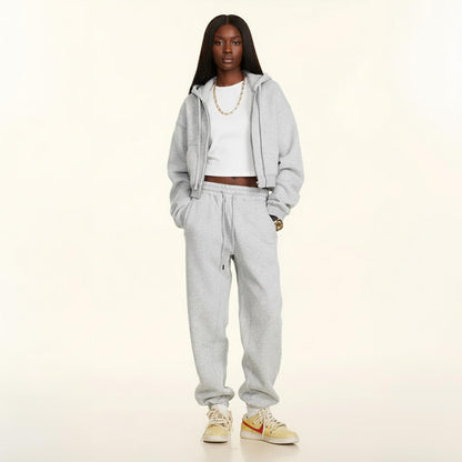 Model wearing Light Grey Fleece Co-ord with Straight Leg Trousers